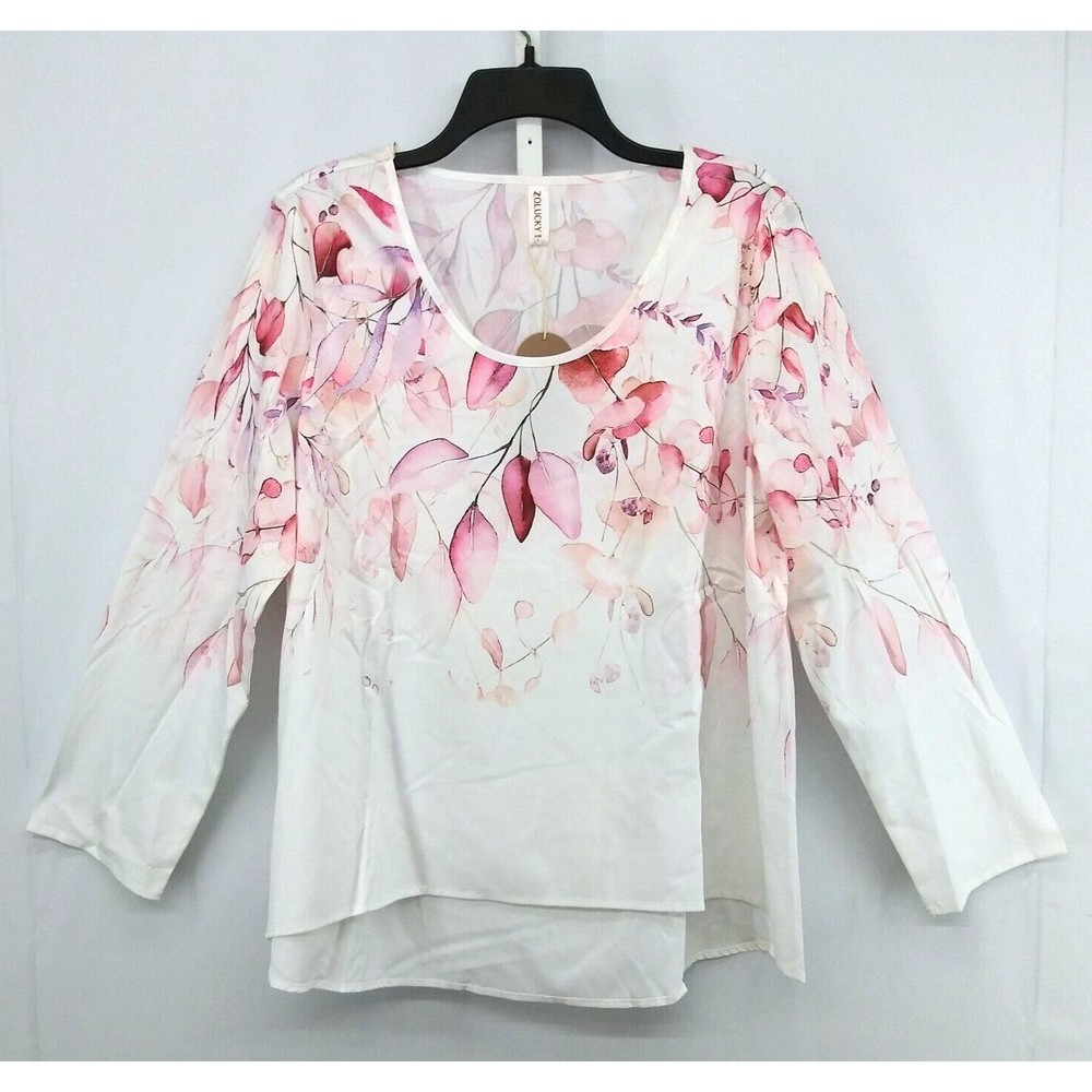 Zolucky Blouse Womens Size L White Pink Floral Scoop Neck Pullover Top